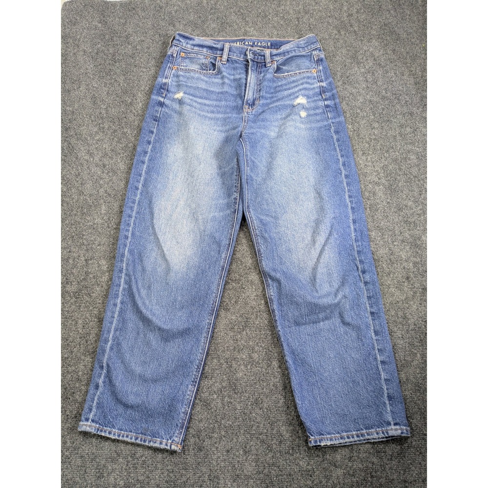 American Eagle Strigid Wide Leg Jeans Women 4 X Short Blue Distressed High Rise